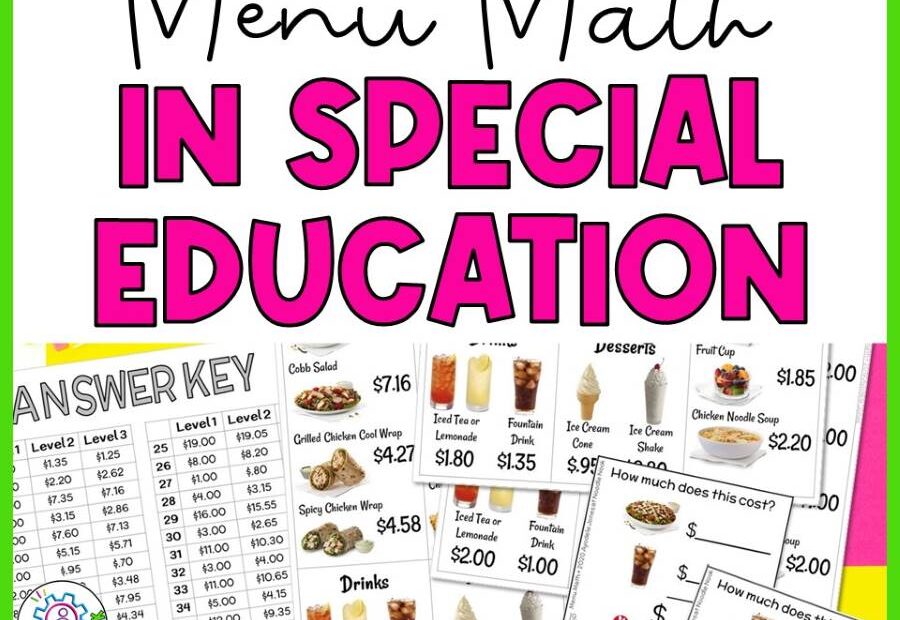 "Fast Food Menu Math Activities for Special Education" in bold, easy-to-read text alongside a realistic fast food menu, reinforcing the real-world application of money math skills.