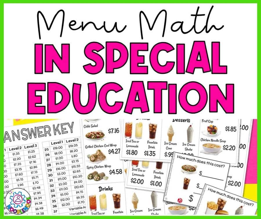 "Fast Food Menu Math Activities for Special Education" in bold, easy-to-read text alongside a realistic fast food menu, reinforcing the real-world application of money math skills.